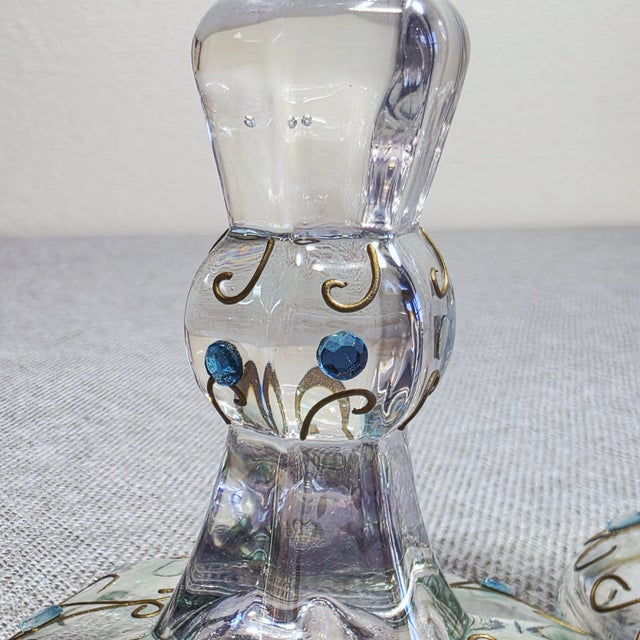 Art Nouveau Pair of Antique Bohemian Art Nouveau Iridescent Glass Candlesticks With Gold Enamel Scrollwork For Sale - Image 3 of 12