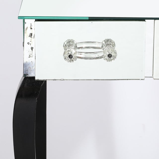 Art Deco Art Deco Hollywood Mirrored Trifold Ebonized Cabriole Leg Vanity W/ Glass Pulls For Sale - Image 3 of 18