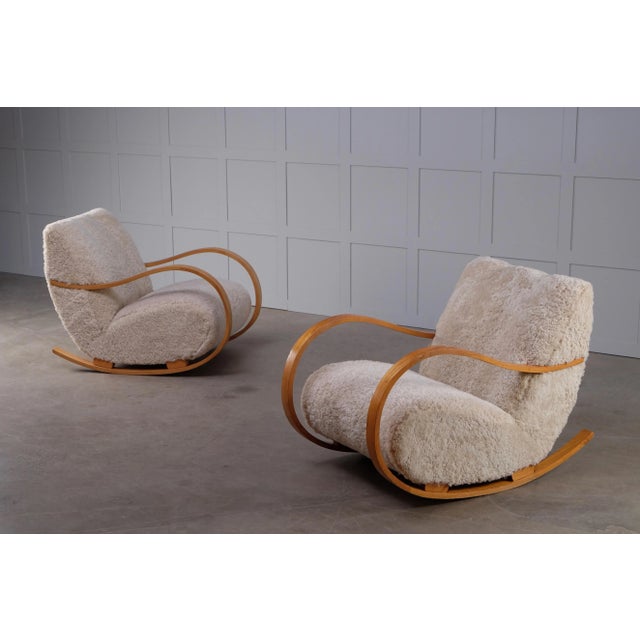 Wood Set of Swedish Sheepskin Rocking Chairs, 1950s For Sale - Image 7 of 13