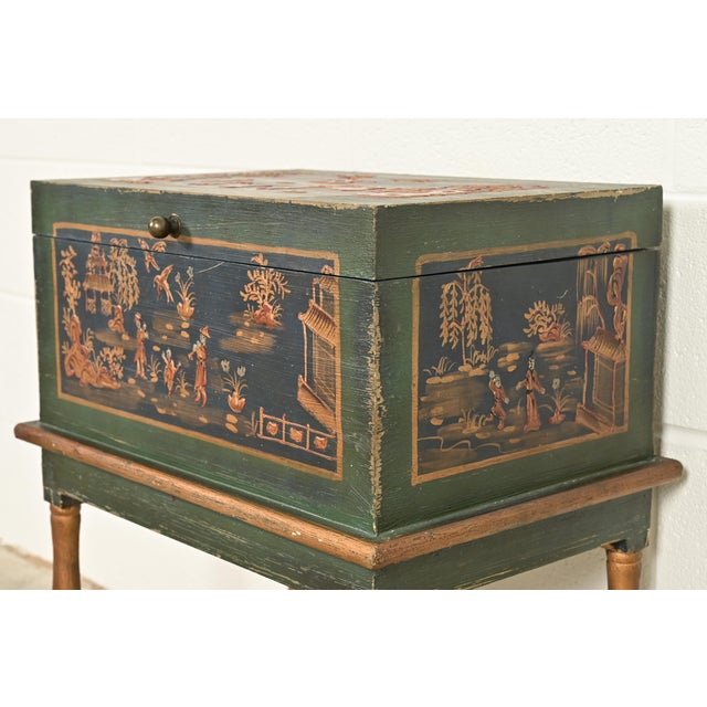 Hollywood Regency Chinoiserie Hand-Painted Green Lacquered and Gold Gilt Chest on Stand For Sale - Image 9 of 16