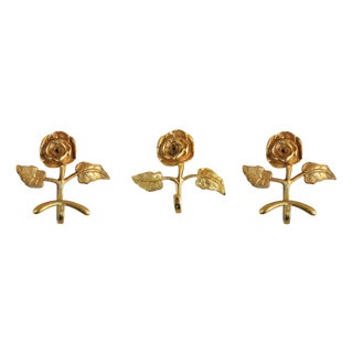 Mid-Century Modern French Rose Flower Hooks in Gilded Brass, 1950s For Sale