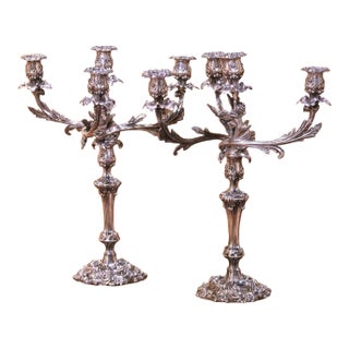 Pair of Early 20th Century English Silver Plated Rococo Four-Arm Candelabras For Sale