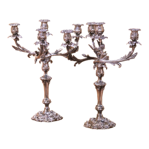 Pair of Early 20th Century English Silver Plated Rococo Four-Arm Candelabras