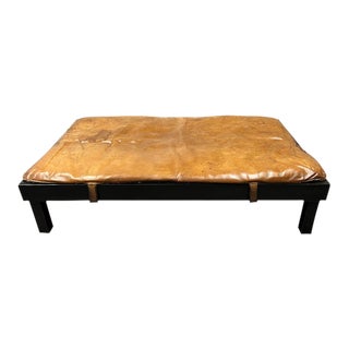 Vintage Cognac Leather Gym Mat + Custom Design Wood Ottoman/Bench For Sale