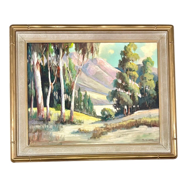 1950s Mid Century Perlita Stokes Plein Air Painting Landscape Oil Board Gilt Wood Frame California Impressionism For Sale