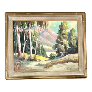 1950s Mid Century Perlita Stokes Plein Air Painting Landscape Oil Board Gilt Wood Frame California Impressionism