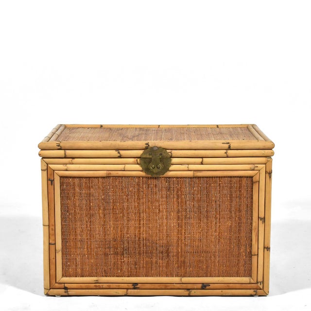 Contemporary 1970s Rattan and Cane Chest with Brass Hardware For Sale - Image 3 of 11