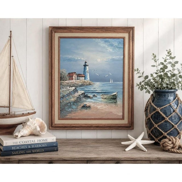 Beautiful vintage original oil painting by artist W. Sherman, featuring a serene coastal scene with a prominent...