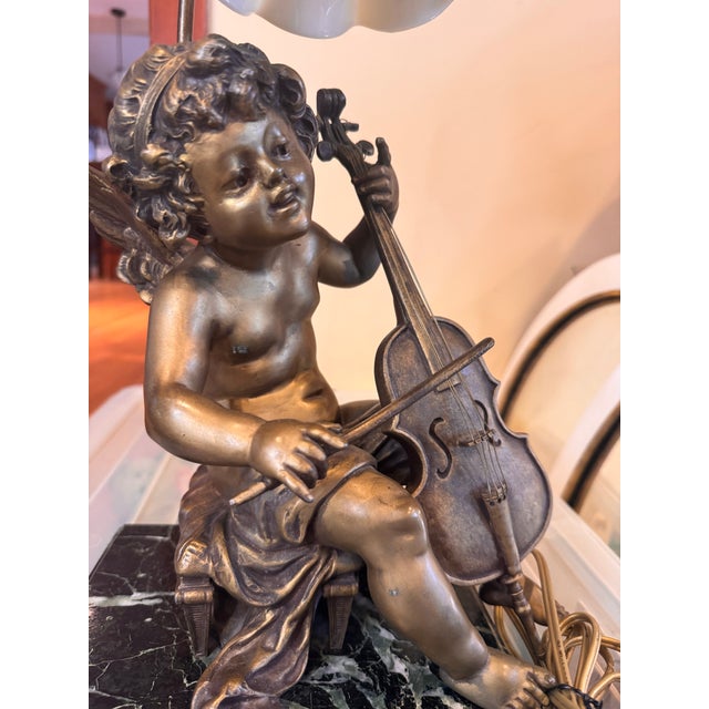 Figurative Late 19th Century Bronze-Finished Cherub Playing Violin Table Lamp With Marble Base. For Sale - Image 3 of 9