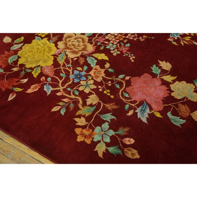 1930s Ruby Red Modern Floral Antique Chinese Art Deco Carpet 8'10" X 11'8" Rug For Sale - Image 9 of 9