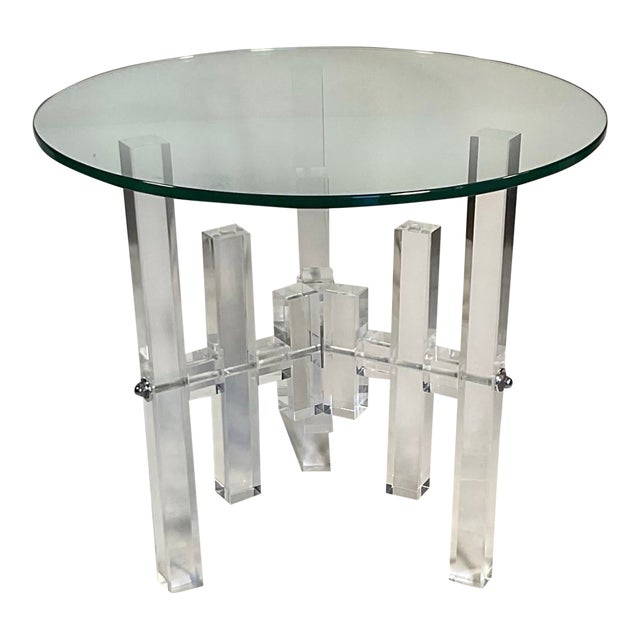 1970s Lucite & Glass Skyscraper Round Side Accent Table For Sale
