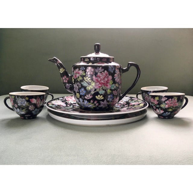 Vintage Chinese Jewel-Tone Floral Motif Export Pottery Tea Set - 7 Pieces For Sale - Image 12 of 13