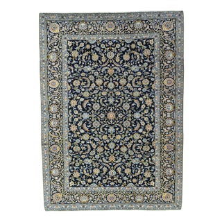 Hand-Knotted Kashan Rug with Dark Blue with Floral Patterns For Sale