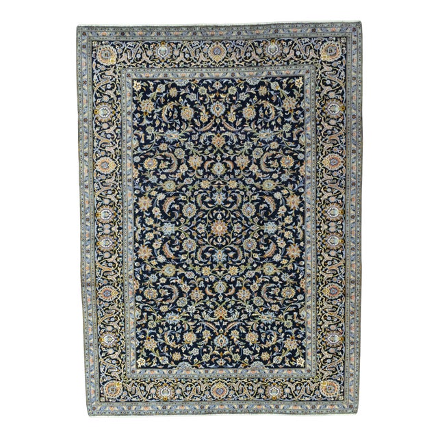 Hand-Knotted Kashan Rug with Dark Blue with Floral Patterns For Sale