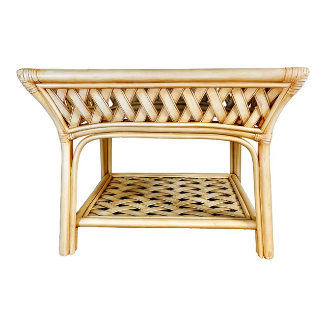 Coastal Chic Woven Rattan Side Table Inset Glass Top For Sale