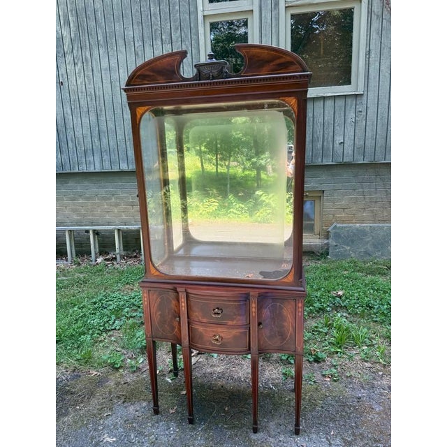 Brown Pair of Vintage George III Carved Mahogany and Satinwood Inlaid Display Cabinets For Sale - Image 8 of 17