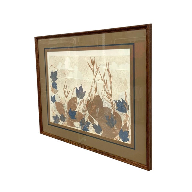 Mid-Century Modern Vintage Framed Botanical Leaf Artwork With Blue and Brown Foliage Motif, Mid-Century Style Wall Art For Sale - Image 3 of 9