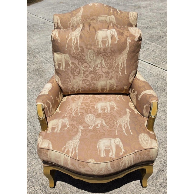 French Country French Louis XV Bergère Armchair Safari Animals Lions Elephants Giraffes For Sale - Image 3 of 17