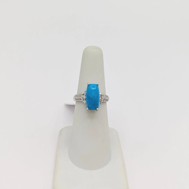 Platinum Turquoise Oval Cabochon and White Diamond Ring in Platinum, size 5.75 For Sale - Image 8 of 8