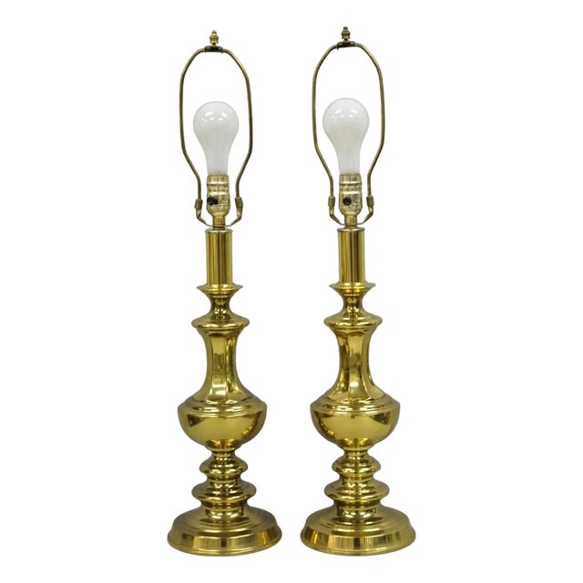 Vintage Styled after Stiffel Hollywood Regency Brass Column Gold Table Lamps - A Pair For Sale