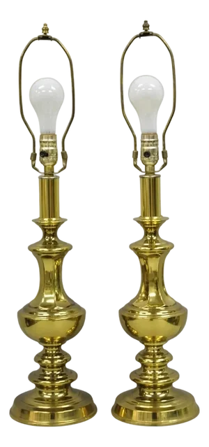 Vintage Styled after Stiffel Hollywood Regency Brass Column Gold Table Lamps - A Pair
