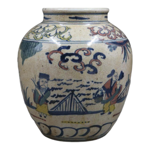Chinese Vintage Ceramic Pot,Blue and White Underglaze Red Porcelain Jar Hand Painted Eight Immortals Pattern