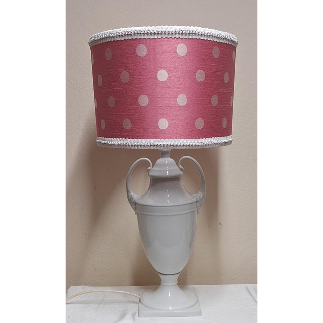 German White Glazed Porcelain Table Lamp with Handmade Fabric Shade, 1970s, in Very Good conditions. Designed 1970 to 1979...