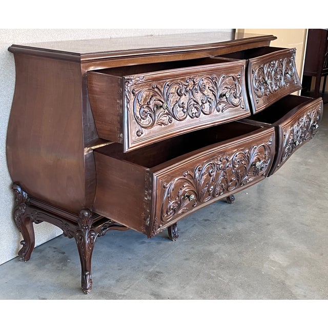 Wood 19th Century French Provincial Louis XV Carved Walnut Bombe Double Commode For Sale - Image 7 of 11