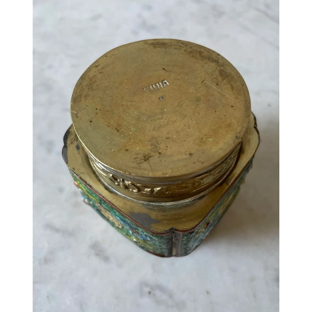 Antique Chinese Brass and Enamel Tea Canister For Sale - Image 4 of 7