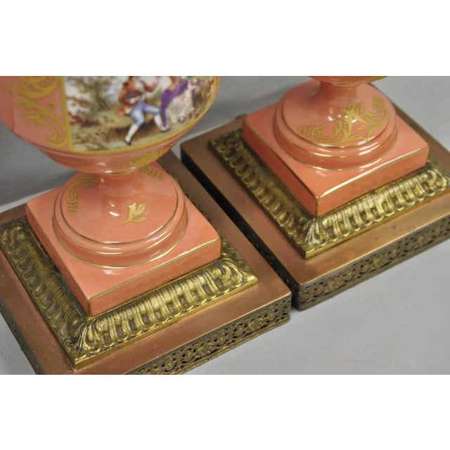 Antique French Victorian Paris Porcelain Coral Figural Painted Table Lamps, Pair For Sale - Image 13 of 14