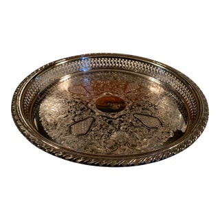 Vintage Round Gallery Silver Tray For Sale
