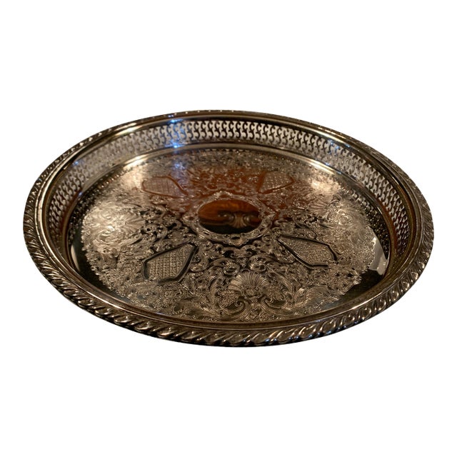 Vintage Round Gallery Silver Tray For Sale