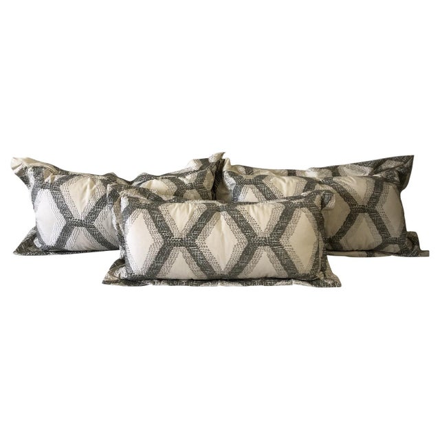 Custom Lumbar Grey & Cream Embroidered Pillows- Set of 3 For Sale In New York - Image 6 of 6