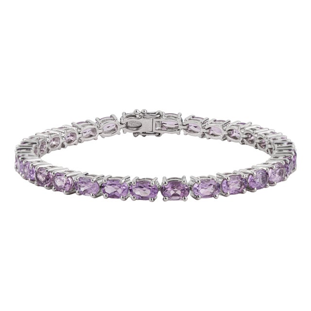 Hallmarked 925 Sterling Silver East West 13.65 Ct Oval Amethyst Tennis Bracelet For Sale