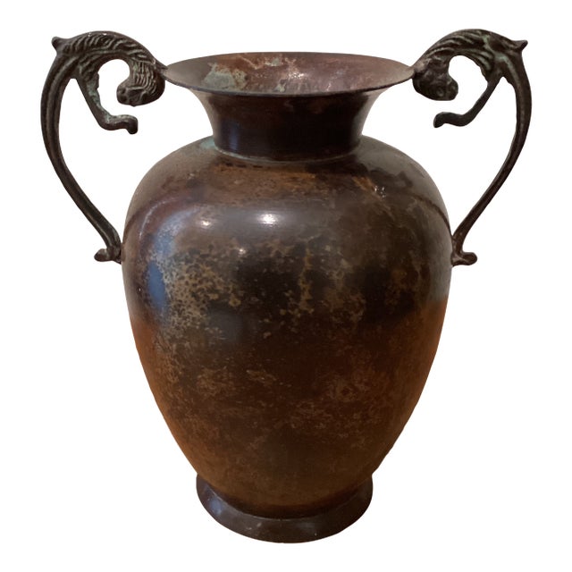 Vintage Roman Style Amphora Vase/Urn With Jaguar Ornate Handles Weathered Patina For Sale