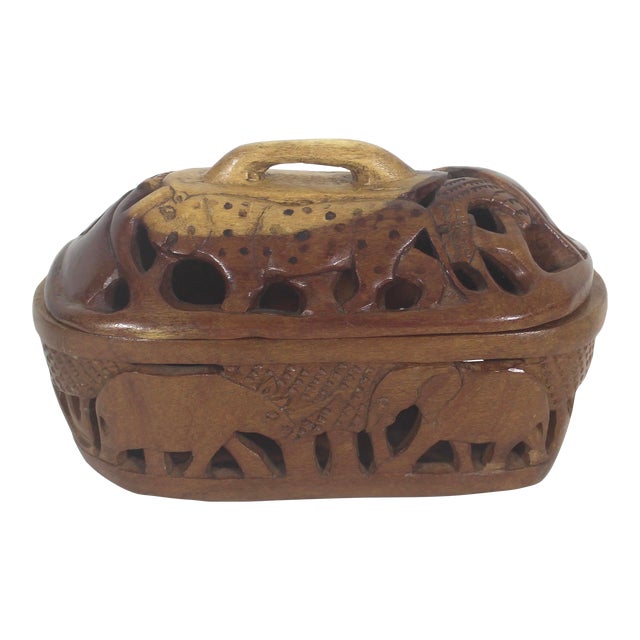 Late 20th Century Vintage Carved Wood Box With Lid Hand Carved African Safari Animals For Sale