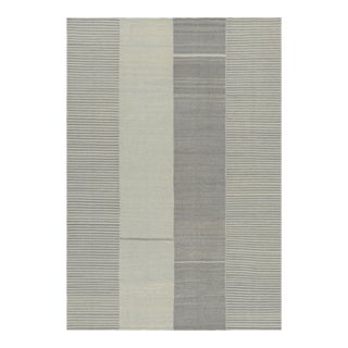 Rug & Kilim’s Contemporary Kilim With Textural Gray, Cream and Blue Stripes For Sale
