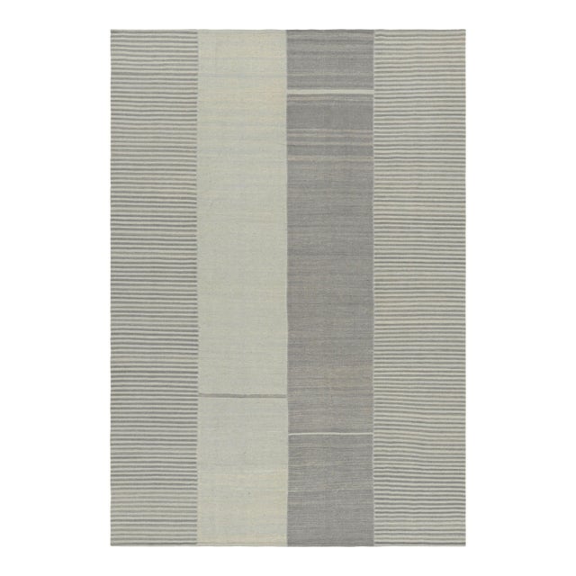 Rug & Kilim’s Contemporary Kilim With Textural Gray, Cream and Blue Stripes For Sale