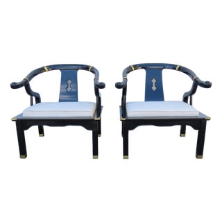 Hollywood Regency Ming Style Painted Black Lounge Side Chairs a Pair 6359 For Sale