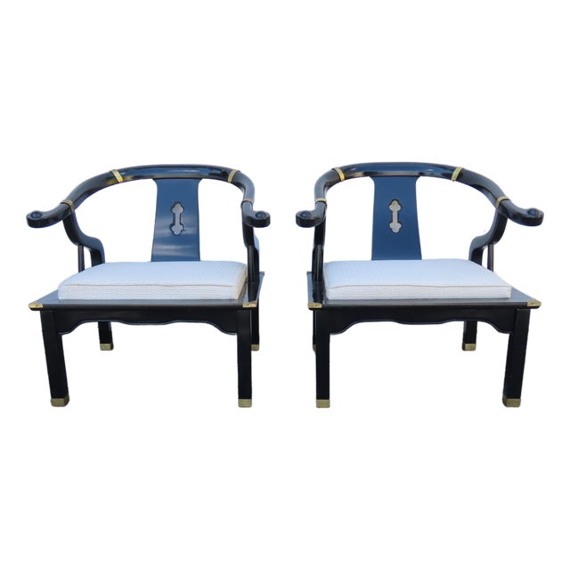 Hollywood Regency Ming Style Painted Black Lounge Side Chairs a Pair 6359 For Sale