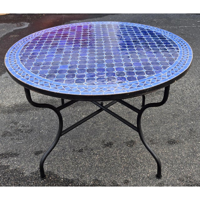 Metal 48" Handcrafted 2 Shades of Blues Moroccan Mosaic Table For Sale - Image 7 of 7