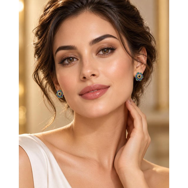 A charming pair of authentic vintage floral stud earrings crafted in solid 14k yellow gold. Each earring features a...