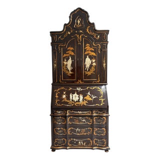 Bookcase with Secretaire in Dark Brown Chinoiserie Lacquer For Sale