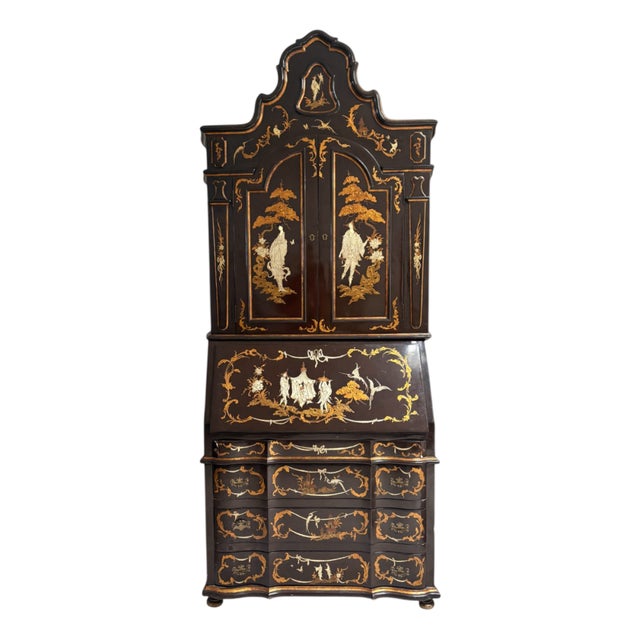 Bookcase with Secretaire in Dark Brown Chinoiserie Lacquer For Sale