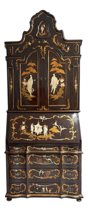 Bookcase with Secretaire in Dark Brown Chinoiserie Lacquer