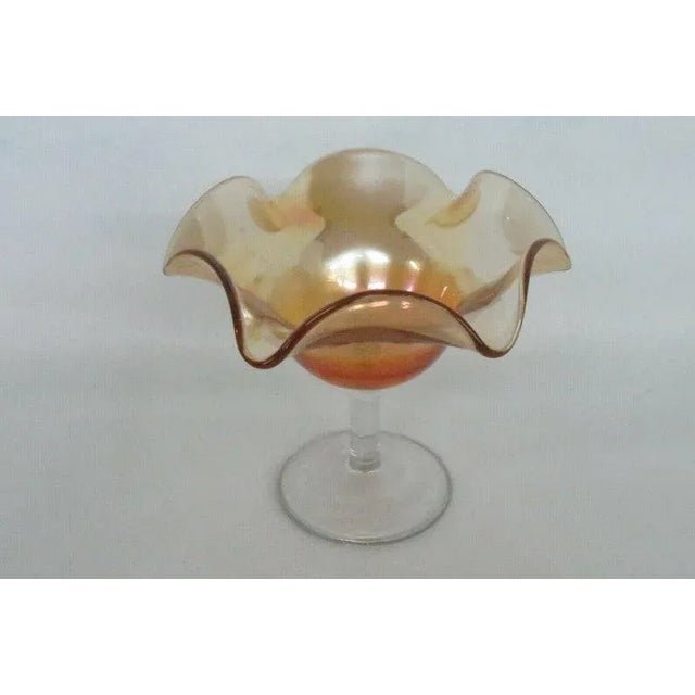 Mid 20th Century Marigold Carnival Glass Clear Stem Ruffled Rim Compote Candy Dish For Sale - Image 5 of 11