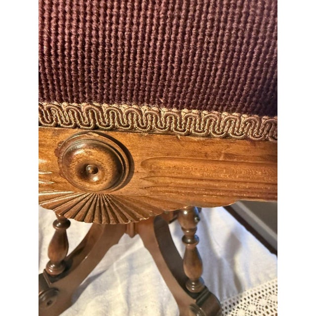 Wood Antique 1800s Needlepoint Upholstery Piano Stool Swivel Seat Rare Carved Wood For Sale - Image 7 of 12