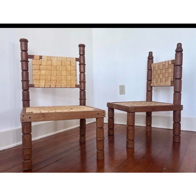 1940s/50s MCM Hans Wegner Style Woven Canvas / Walnut Living Room Side Chairs For Sale - Image 4 of 4