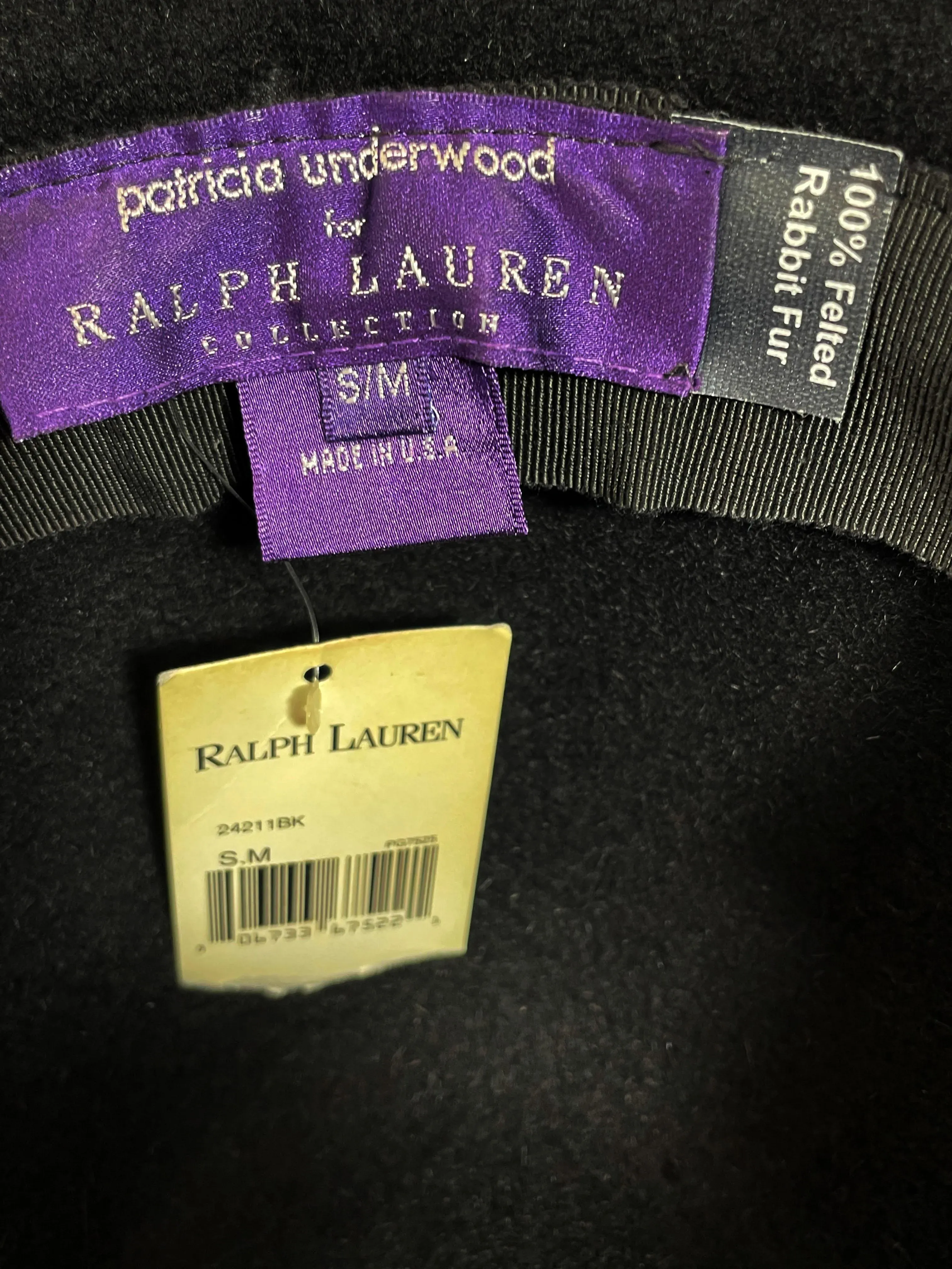 C 2000 Ralph Lauren Women's Purple Label Black Felt Broad Rimmed