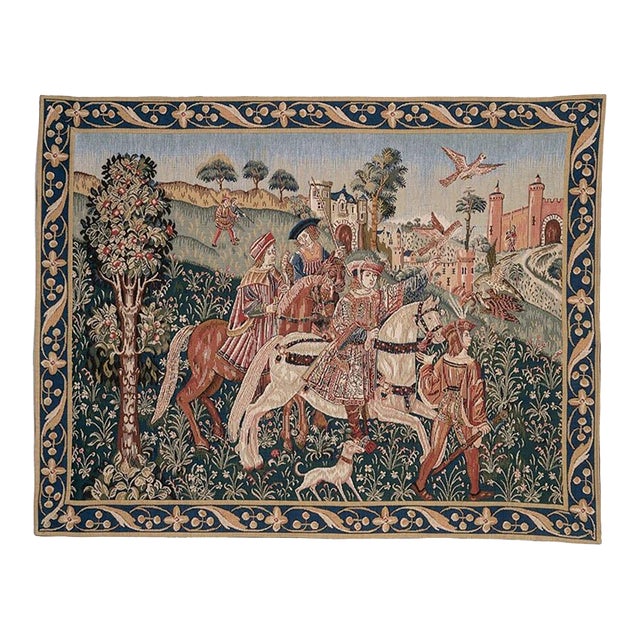 Departure for the Hunt (Blue Border) Loom Woven Tapestry - 86 X 112 Cm (2'10" X 3'8") - Requires Rod Size 3 For Sale